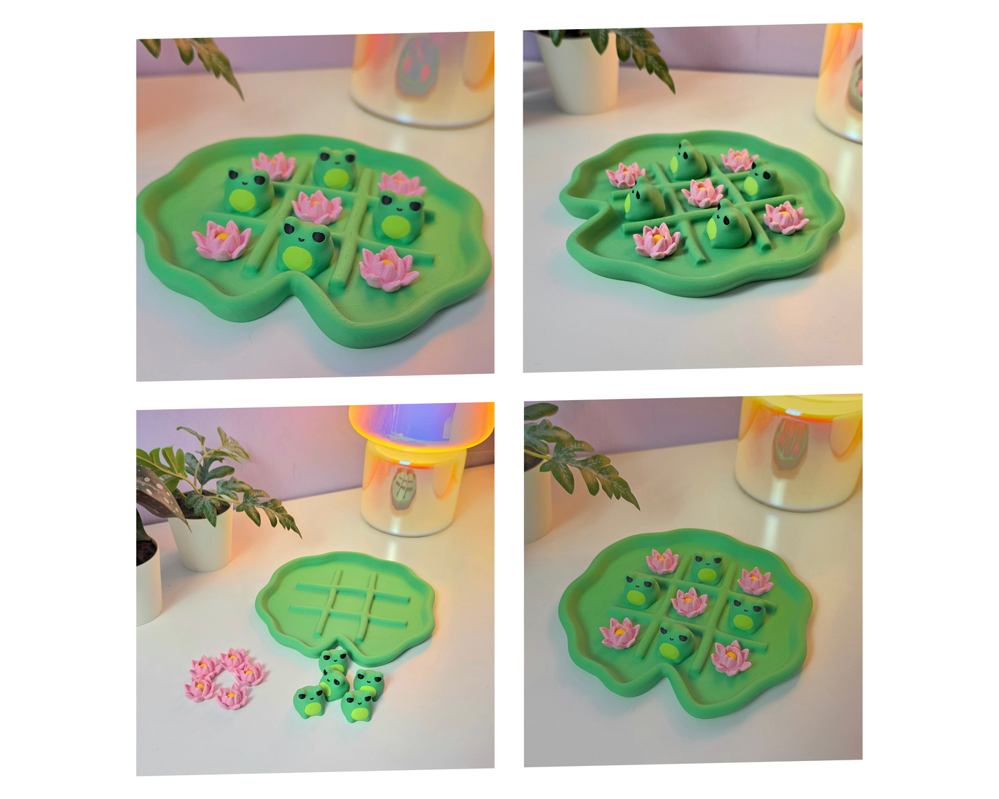 Kruisje nul spel in de vorm van een lelieblad met kikker- en bloemstukken