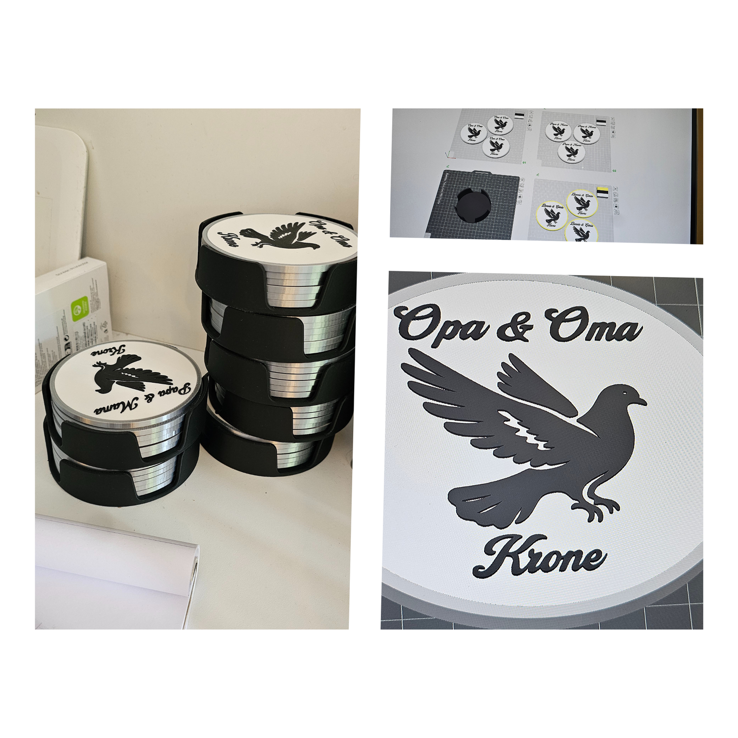 Gepersonaliseerde onderzetters met namen en afbeelding van duif