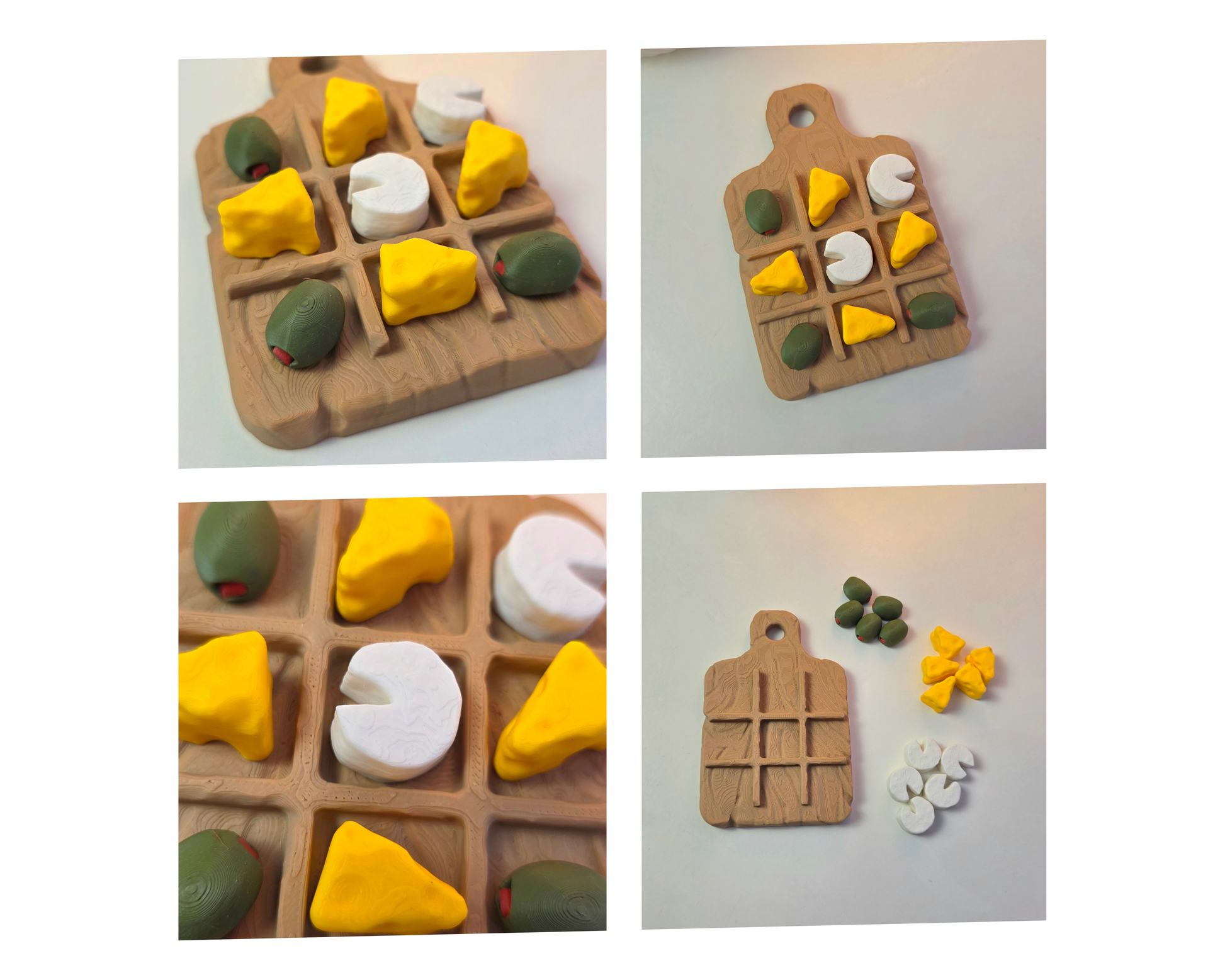 Kruisje Nulletje bordspel in de vorm van een broodplankje met verschillende soorten kaas en olijfjes als speelstukken