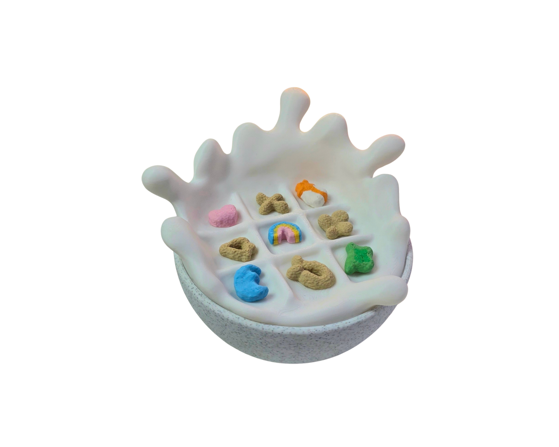 Kruisje Nulletje bordspel in de vorm van een kommetje met melk en lucky charms ontbijtgranen speelstukken