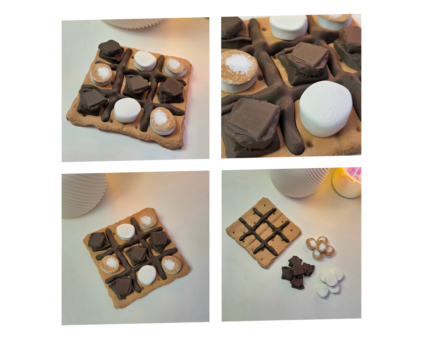 Kruisje Nulletje bordspel in de vorm van een smores koekje met chocolade en marshmallow speelstukken