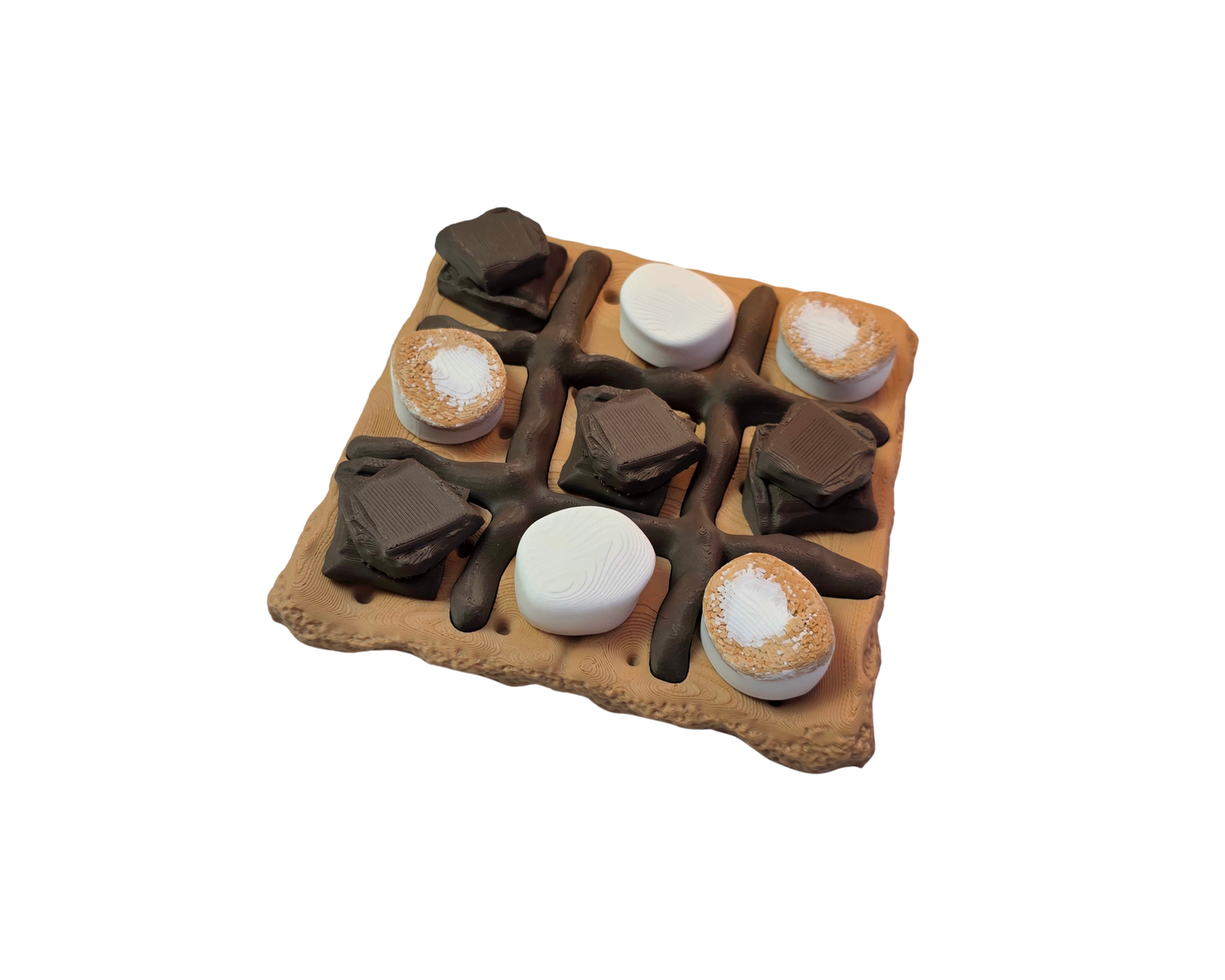 Kruisje Nulletje bordspel in de vorm van een smores koekje met chocolade en marshmallow speelstukken