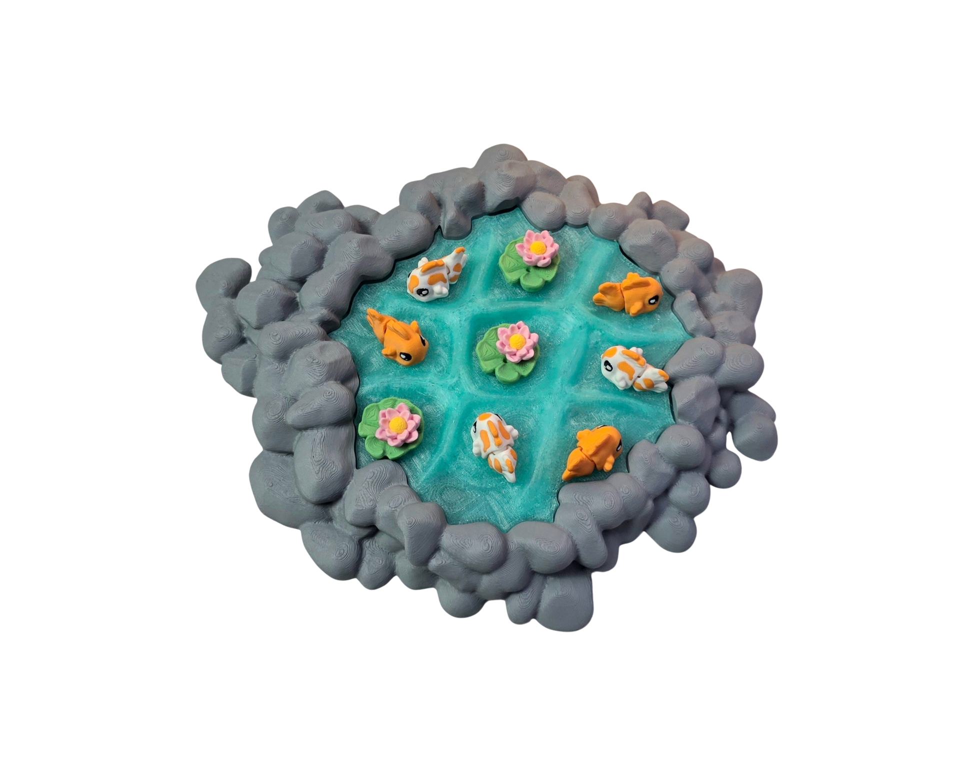 Kruisje Nulletje bordspel in de vorm van een vijverpond met visjes en lelies